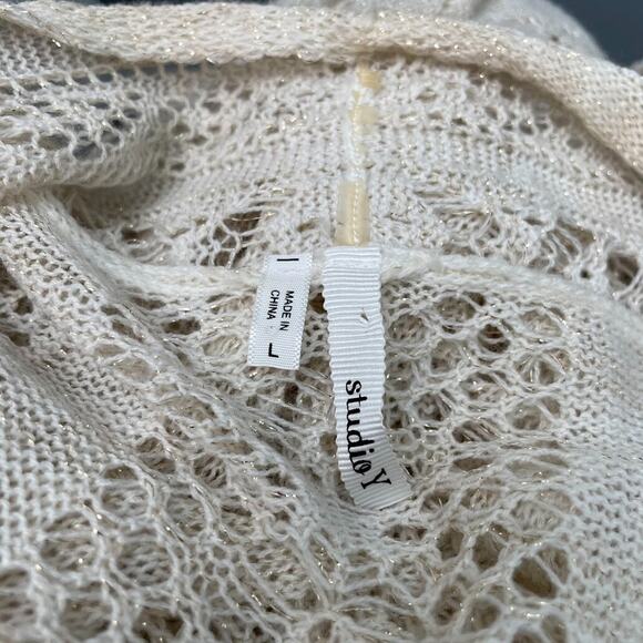 Studio Y Fits Size Small Beige Metallic Gold Pointelle Lightweight Cardigan 70s - Picture 5 of 9